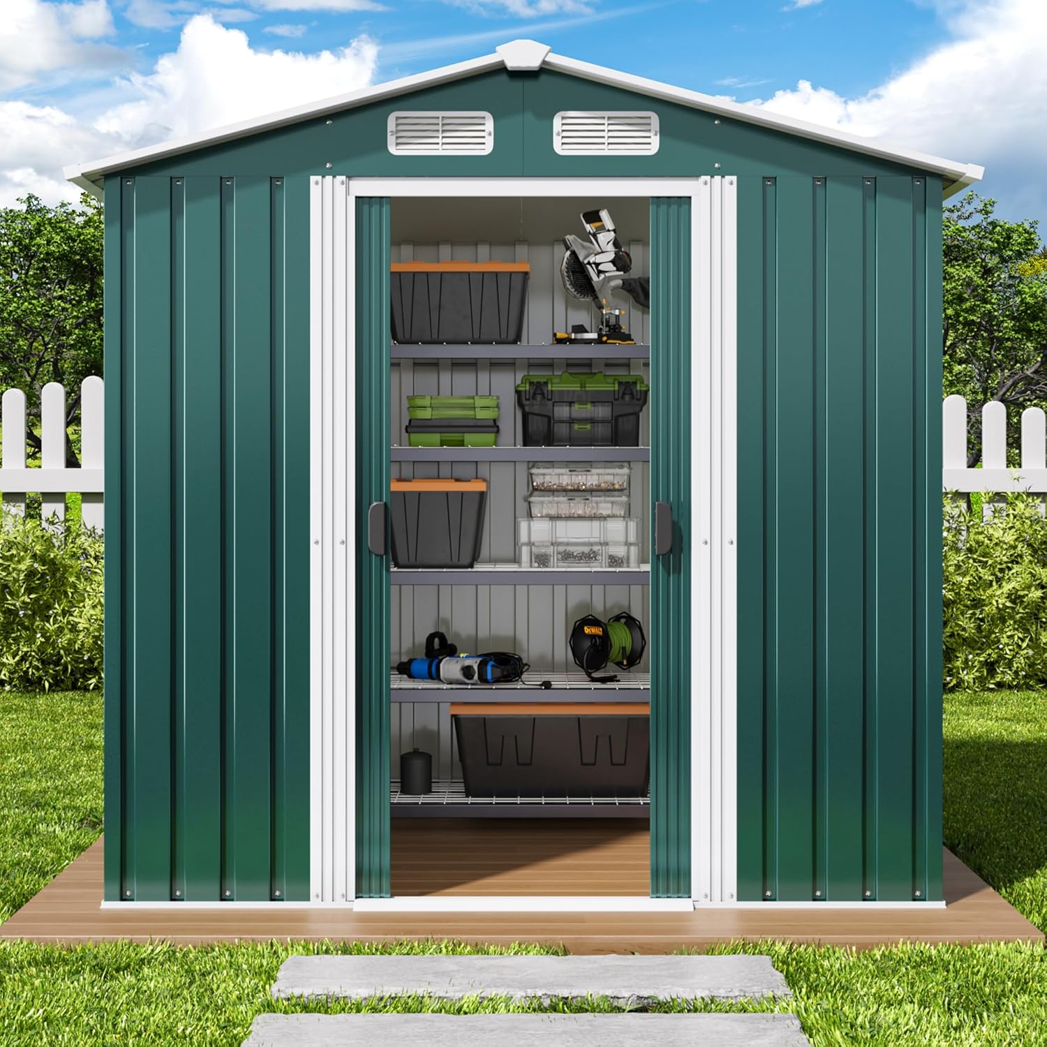 Xbro Abri de jardin en métal 184 x 119 x 186 cm, avec toit en pente et porte coulissante, abri à outils avec serrure et gants (vert)