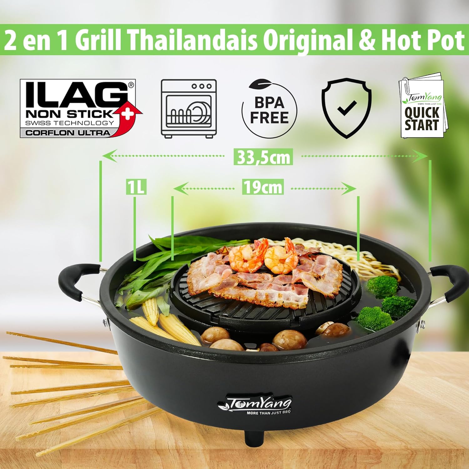 TomYang - Hot Pot BBQ électrique - revêtement suisse, design allemand, vidéos recettes, barbecue de table