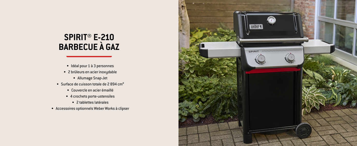 Le texte indique « SPIRIT E-210 SUPERFICIE 0,4 M ». Plusieurs images montrant des détails de ce qui semble être un grill extérieur ou un équipement de cuisine.