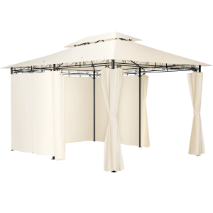 Tonnelle extérieure avec auvent et rideaux en tissu de couleur crème, dotée d'une structure métallique robuste et d'un toit en pointe.