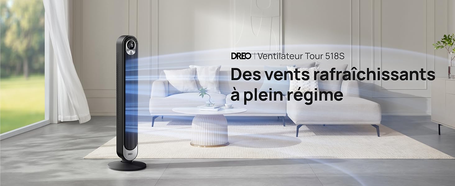 Le texte se lit comme suit : « Des vents rafraîchissants à plein régime ». Aménagement intérieur de la pièce montrant un appareil électronique accroché au mur avec des fenêtres et des rideaux éclairés par le soleil.