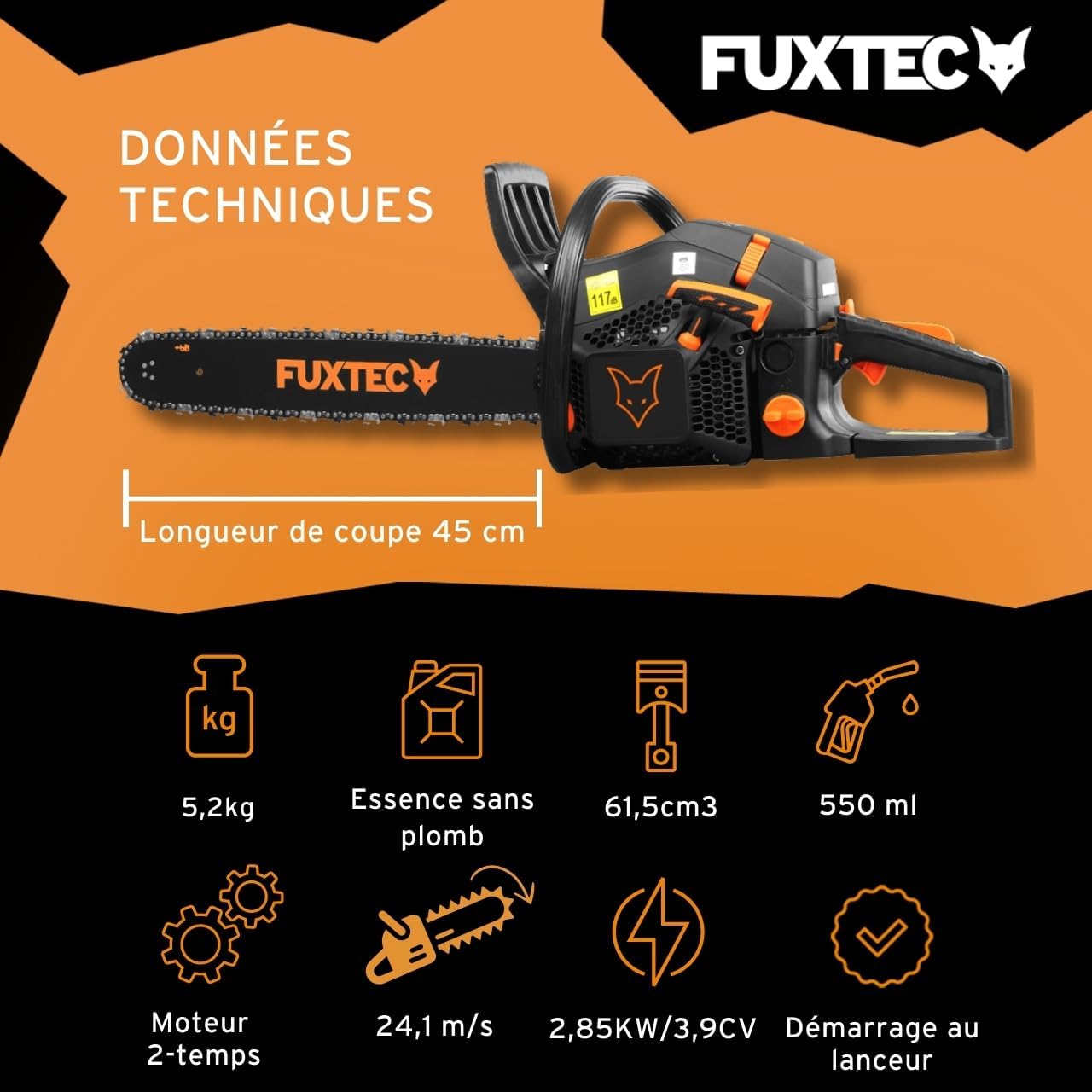 Fuxtec - tronçonneuse thermique 61,5cm³ 2,8kW coupe 45cm FX-KS262