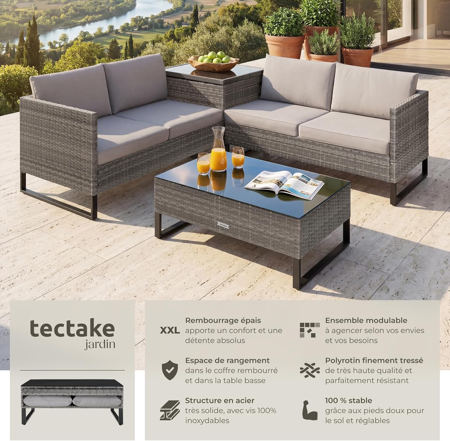 tectake - Salon de jardin modulable 4 places, table verre, coffre, coussins