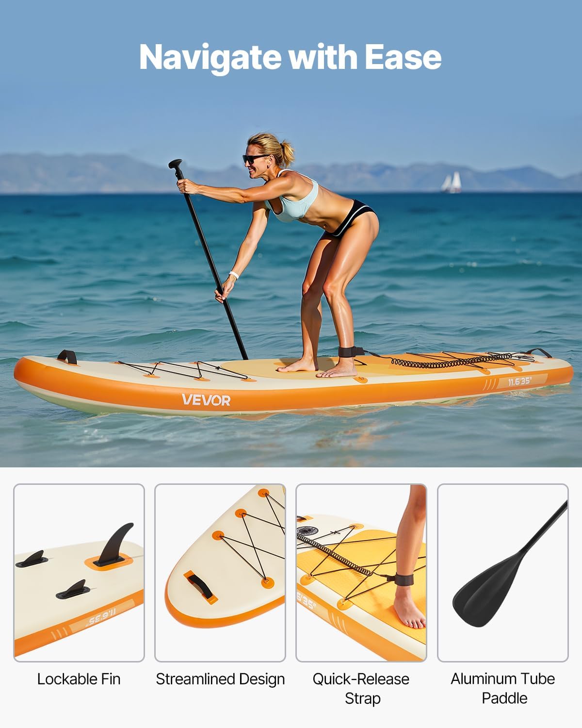 VEVOR Paddle Gonflable, Planche à pagaie Debout Sup, Ultra-légère, avec Accessoires de Pompe, pagaie, aileron, Sac à Dos, Laisse de Cheville, Sangle