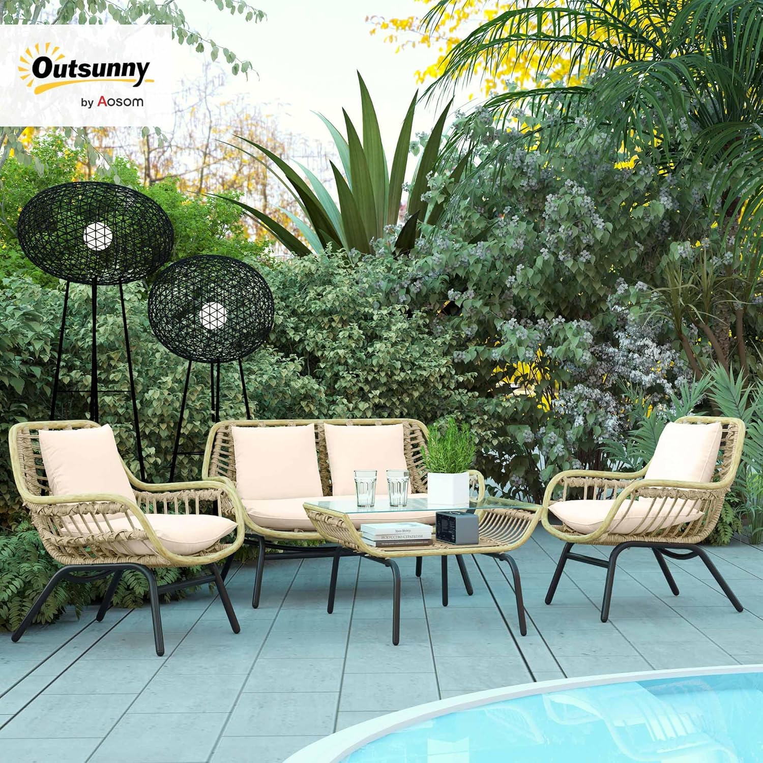 Outsunny - Salon de jardin exotique 4 places, métal/résine, coussins confort, beige