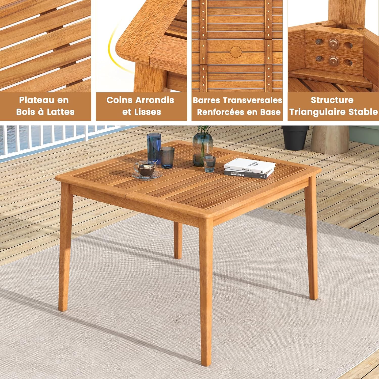 GOPLUS - table de jardin en bois d'acacia 100x100 cm - 4 places, trou pour parasol