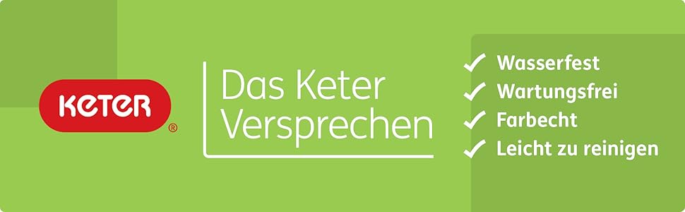 Le texte indique « Das Keter Versprechen » avec des coches indiquant « Wasserfest », « Wartungsfrei », « Farbecht », « Leicht zu reinigen ». Design de bannière verte avec logo Keter.