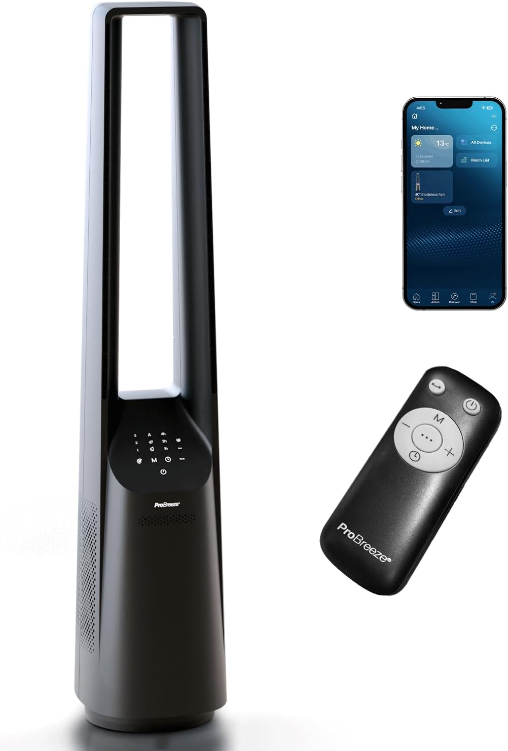 Pro Breeze - Ventilateur colonne sans pales - 101 cm - WiFi, ultra silencieux, LED, télécommande, 6 vitesses, 5 modes, o