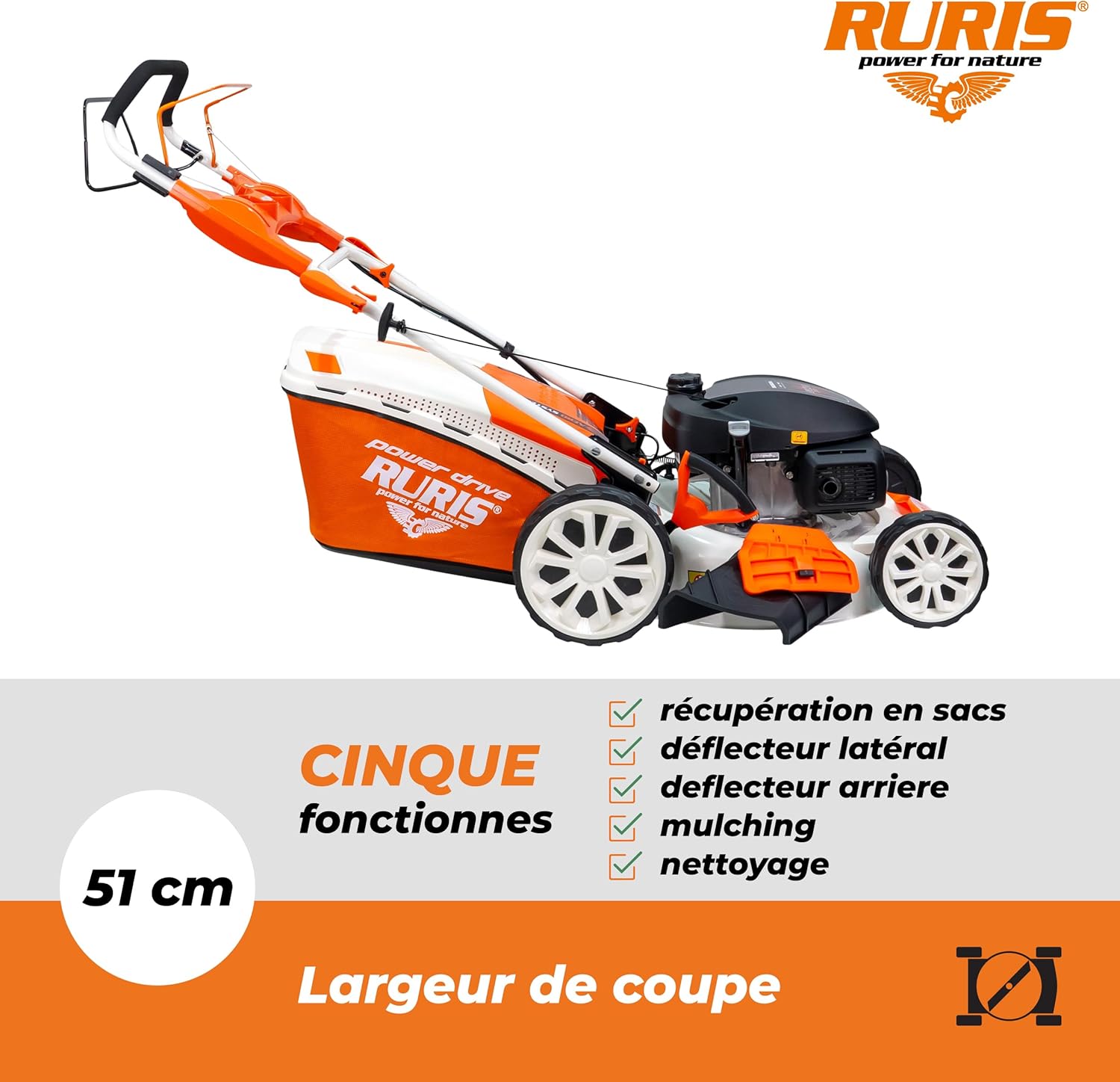RURIS - RX444S - 510 mm - Tondeuse thermique Honda 4,6 CV, 65L, 5 fonctions