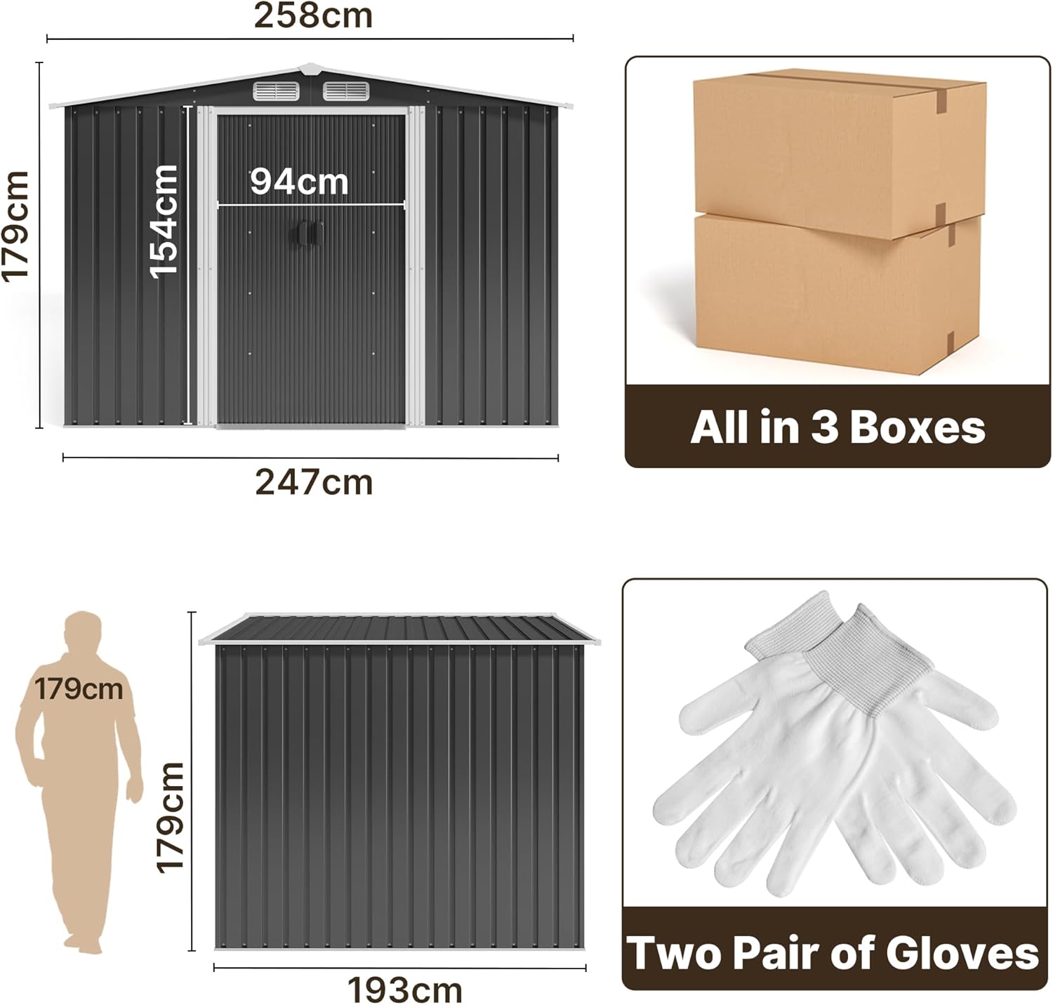 Xbro - abri à outils métal série inclinée - 247x193x179 cm - porte coulissante, serrure, gants inclus