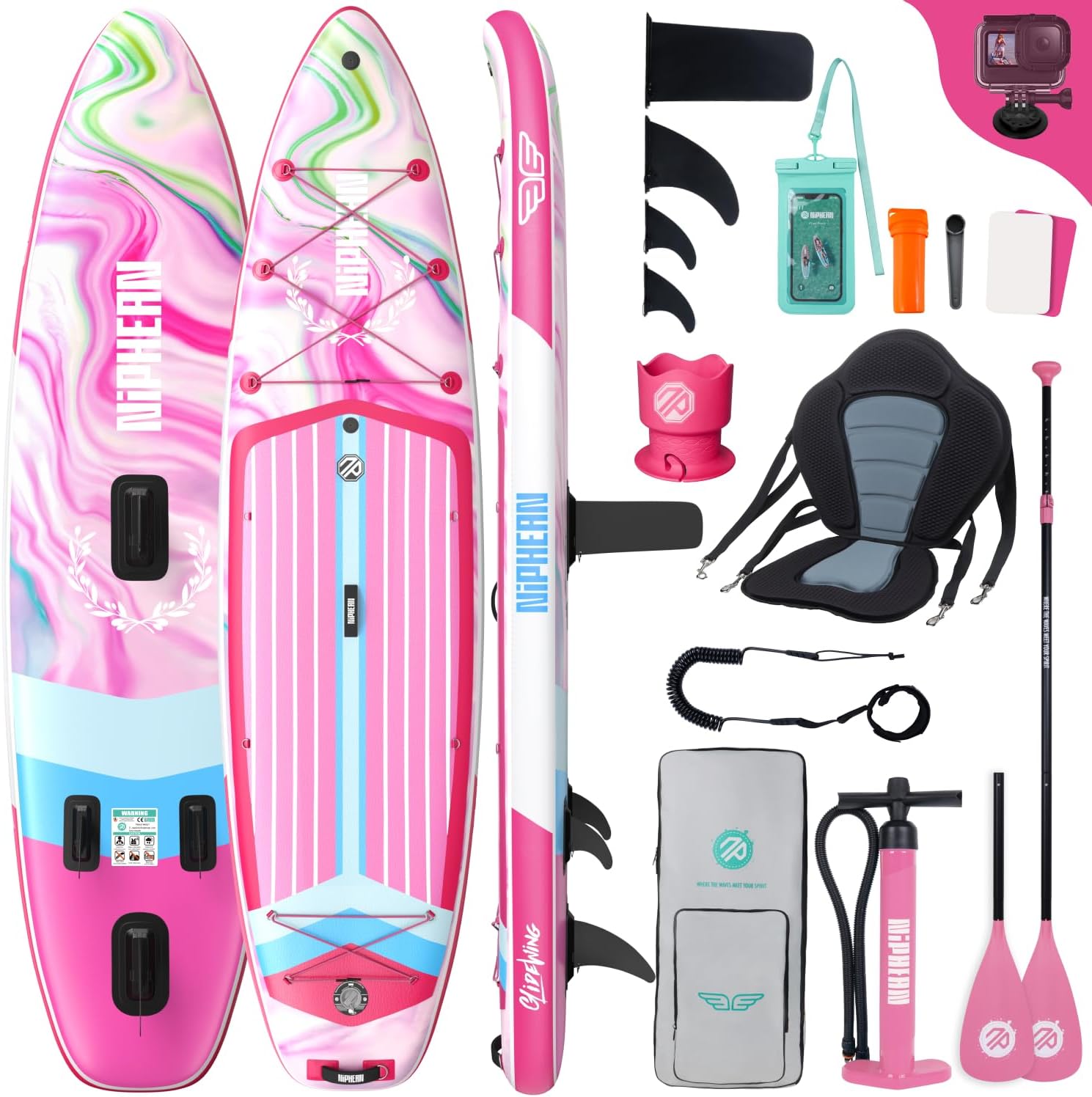 Niphean Extra Large Paddle Gonflable, Sup à 2+1 Personnes/Famille, Planches de Stand Up Paddle Gonflables avec (Idéal Débutant) Aileron Équilibré, Housse Étanche, Paddle Gonflable Adulte, Cadeaux