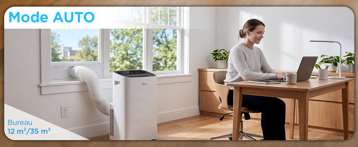 Le texte indique « Mode AUTO ». Personne travaillant à un bureau en bois avec un ordinateur portable près de la fenêtre dans un bureau à domicile lumineux et moderne avec éclairage naturel.