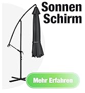 Le texte indique « Sonnen » et « Mehr Erfahren ». Plusieurs images de parasols extérieurs noirs ou de pare-soleil présentés sous différents angles.