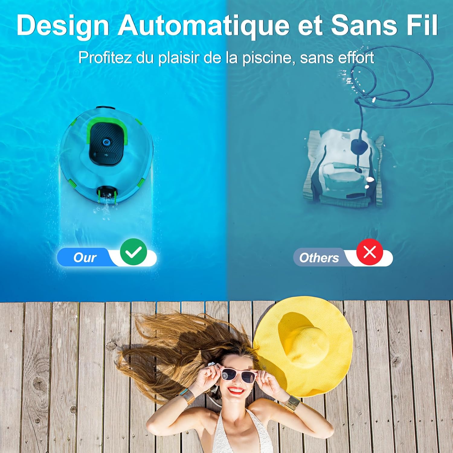 MEDOXA Robot de Piscine sans Fil, aspirateur de Piscine Automatique, 120 Minutes d'autonomie, stationnement Automatique, léger, Puissant Robot pour Piscine Hors-Sol/enterrée jusqu'à 110 ㎡(blancvert)