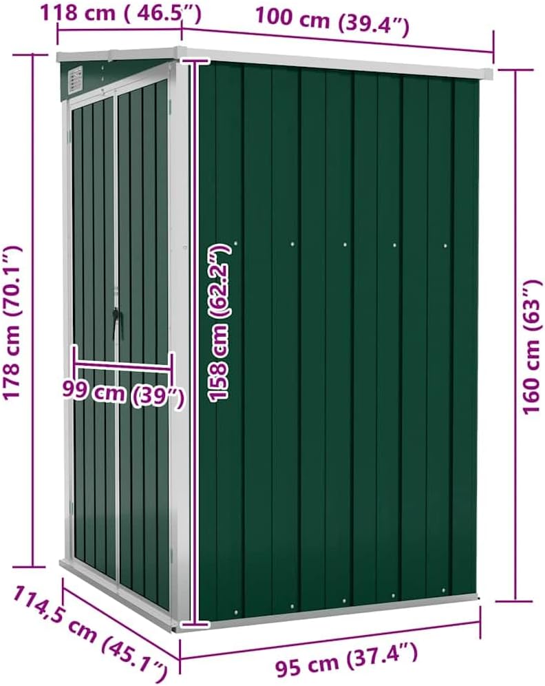 Solivagant Remise de Jardin Murale Vert 118x100x178 cm Acier galvanisé,(22.7 KG)