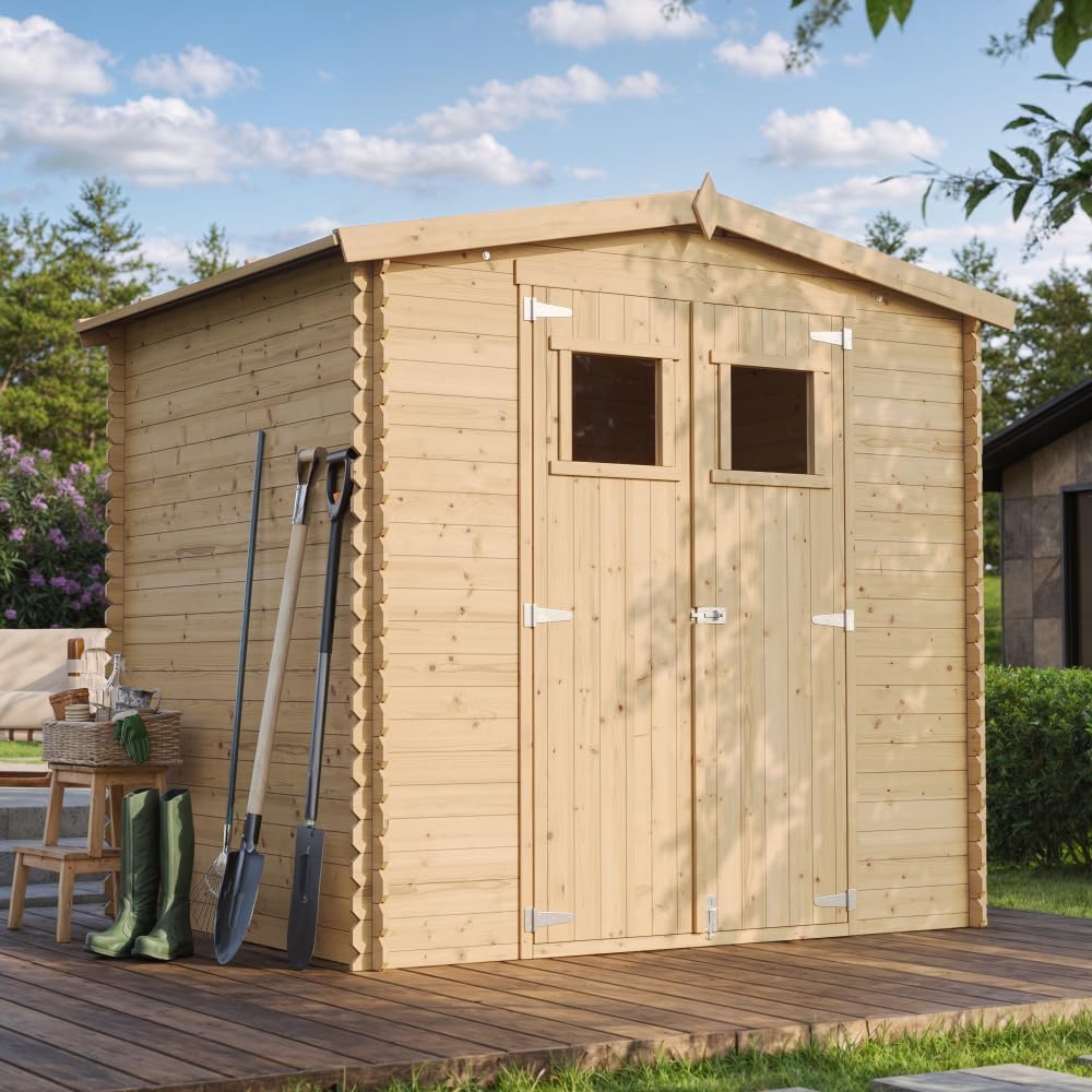 Abri de Jardin en Bois 4,33 m², Cabane de Jardin Extérieur 19 mm épaisseur de Paroi, Cabanon à Outils et Vélo avec Sol Traité et Fenêtres, TIMBELA M369+M369G