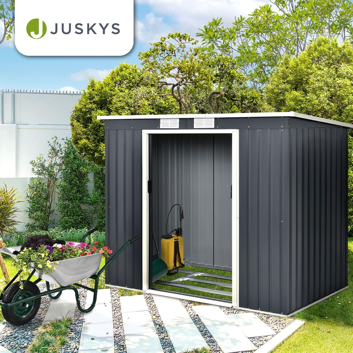Juskys - Abri à outils en métal, 213x130x173cm, toit en pente, porte coulissante, fondation