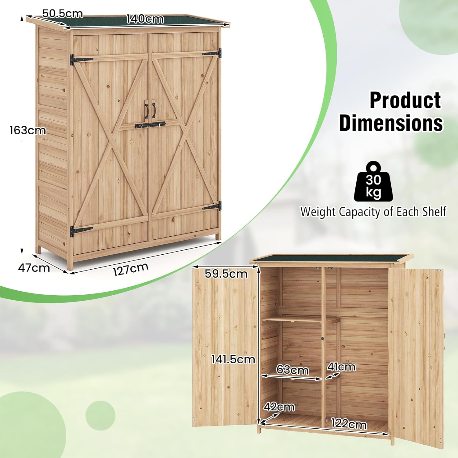 COSTWAY - Abri de jardin bois - 75x56x178cm - étagères amovibles, toit asphalte, loquet, résiste à l'eau