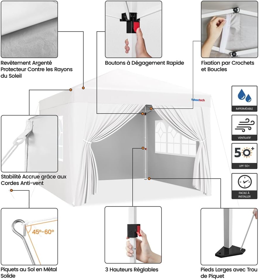 Yaheetech - tonnelle jardin série pliante - 3x3m - 4 parois, blanc