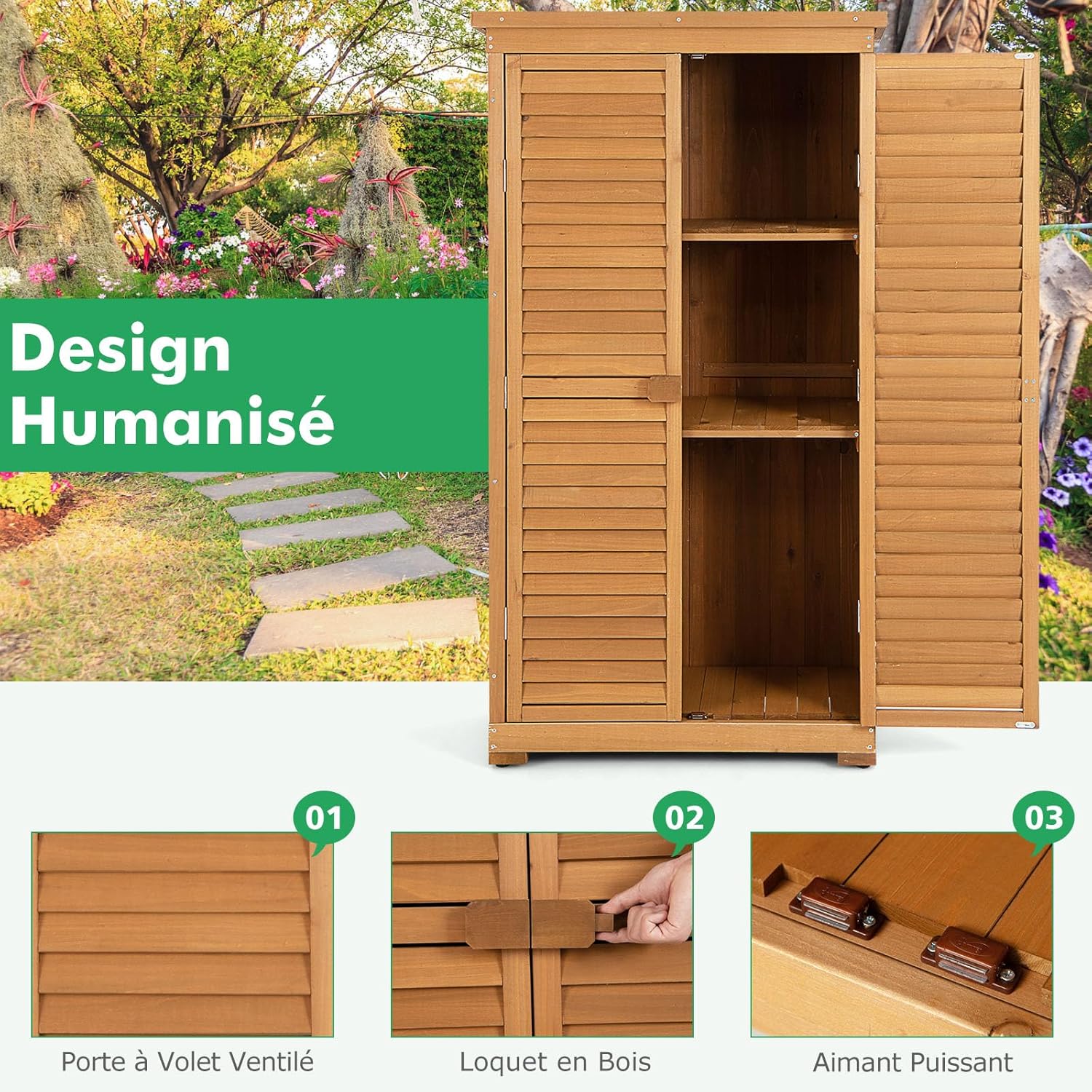 RELAX4LIFE - armoire de jardin bois 82x42x160cm, 3 étagères, toit asphalte