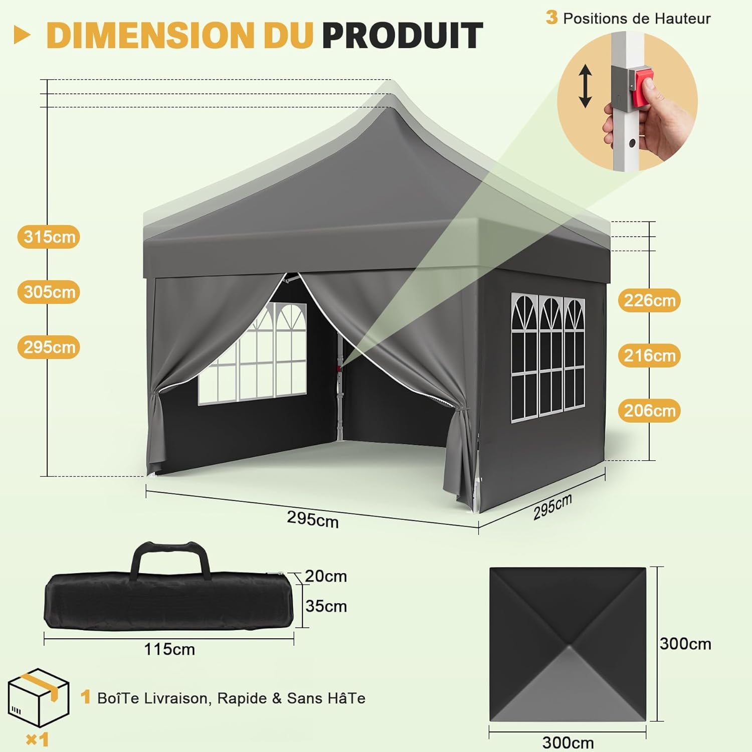 Devoko - tonnelle pliante 3x3m - hauteur réglable, tissu imperméable