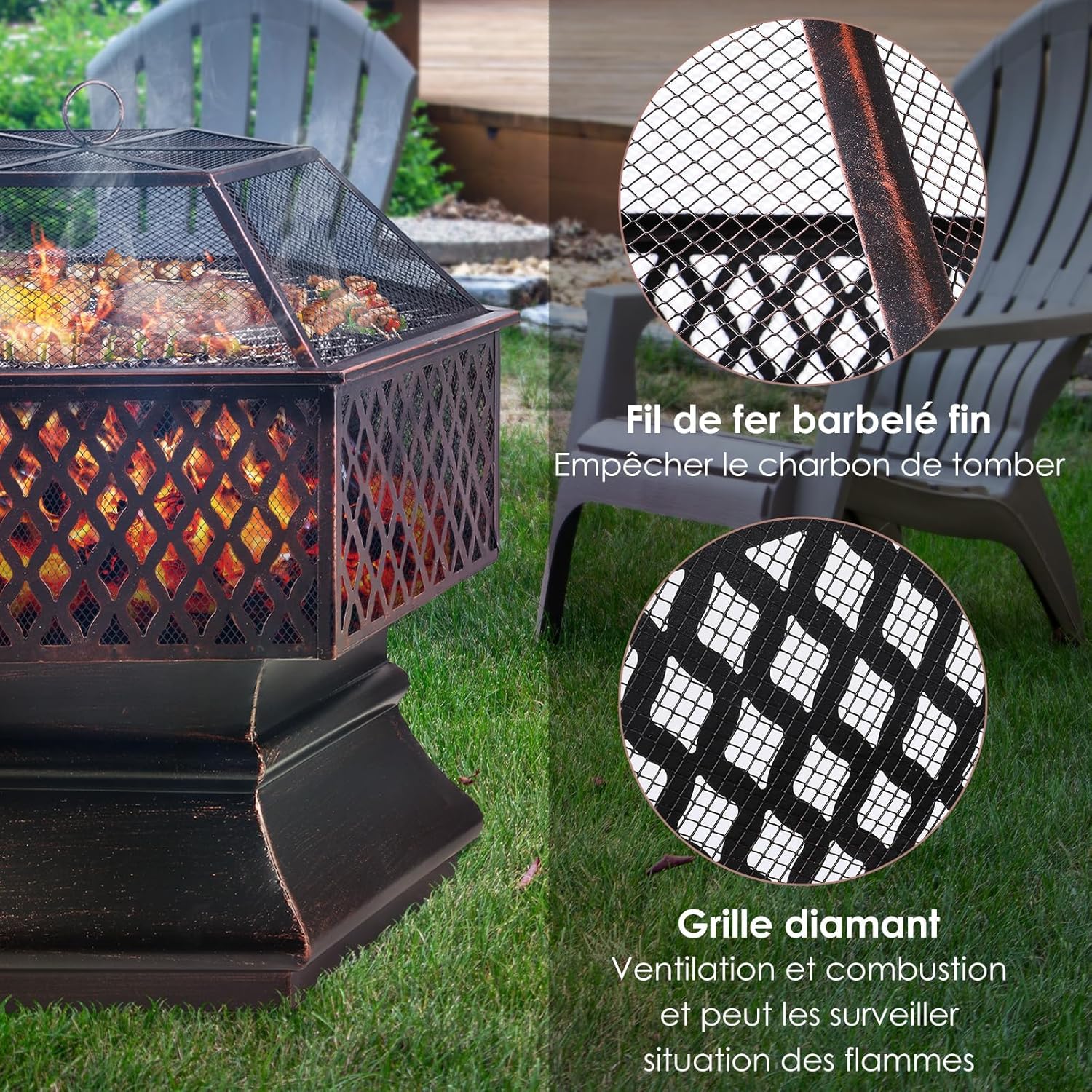 TLSUNNY - brasero avec grille - 66x66x63cm - foyer extérieur, barbecue, protection