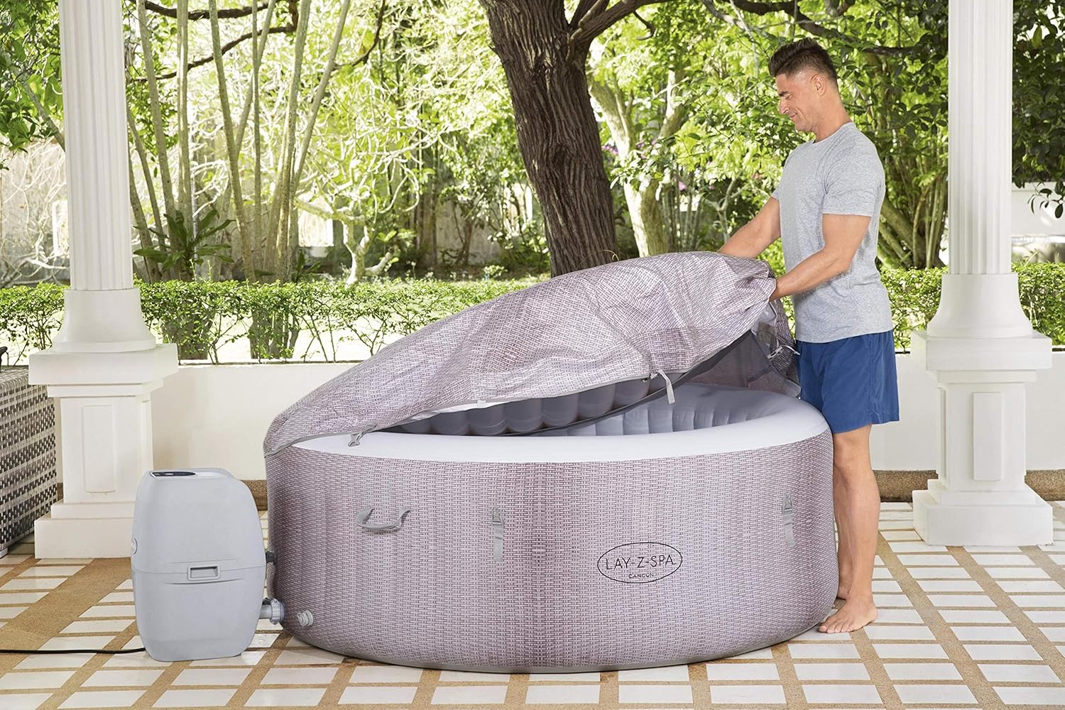 Spa Gonflable Lay-Z-Spa® Cancun Airjet Rond 2 à 4 Personnes, 180 x 66 cm, 120 Jets d'air, Couverture Isolante, Filtration à Cartouche, diffuseur Chemconnect