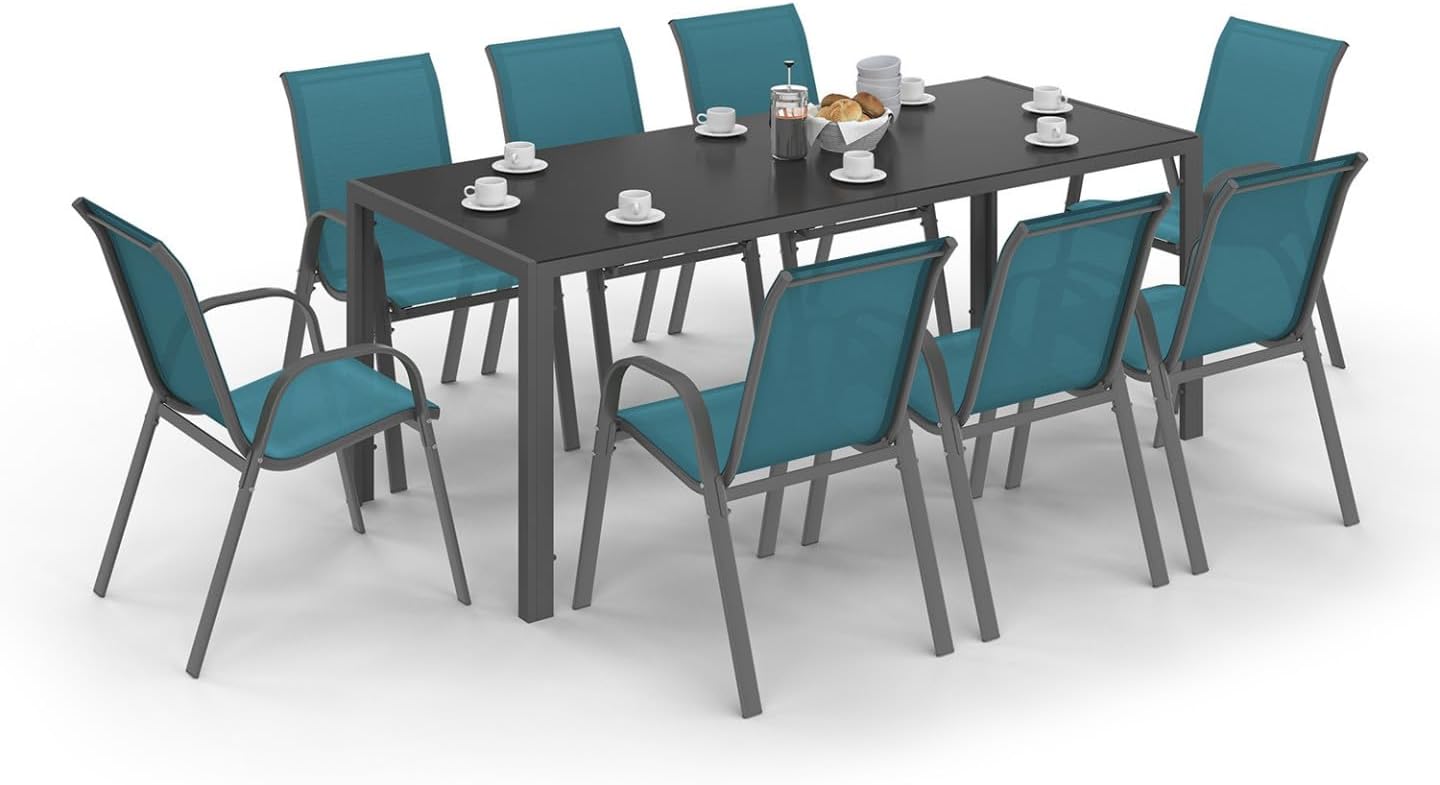 IDMarket - Madrid salon jardin 190cm, 8 chaises empilables bleu