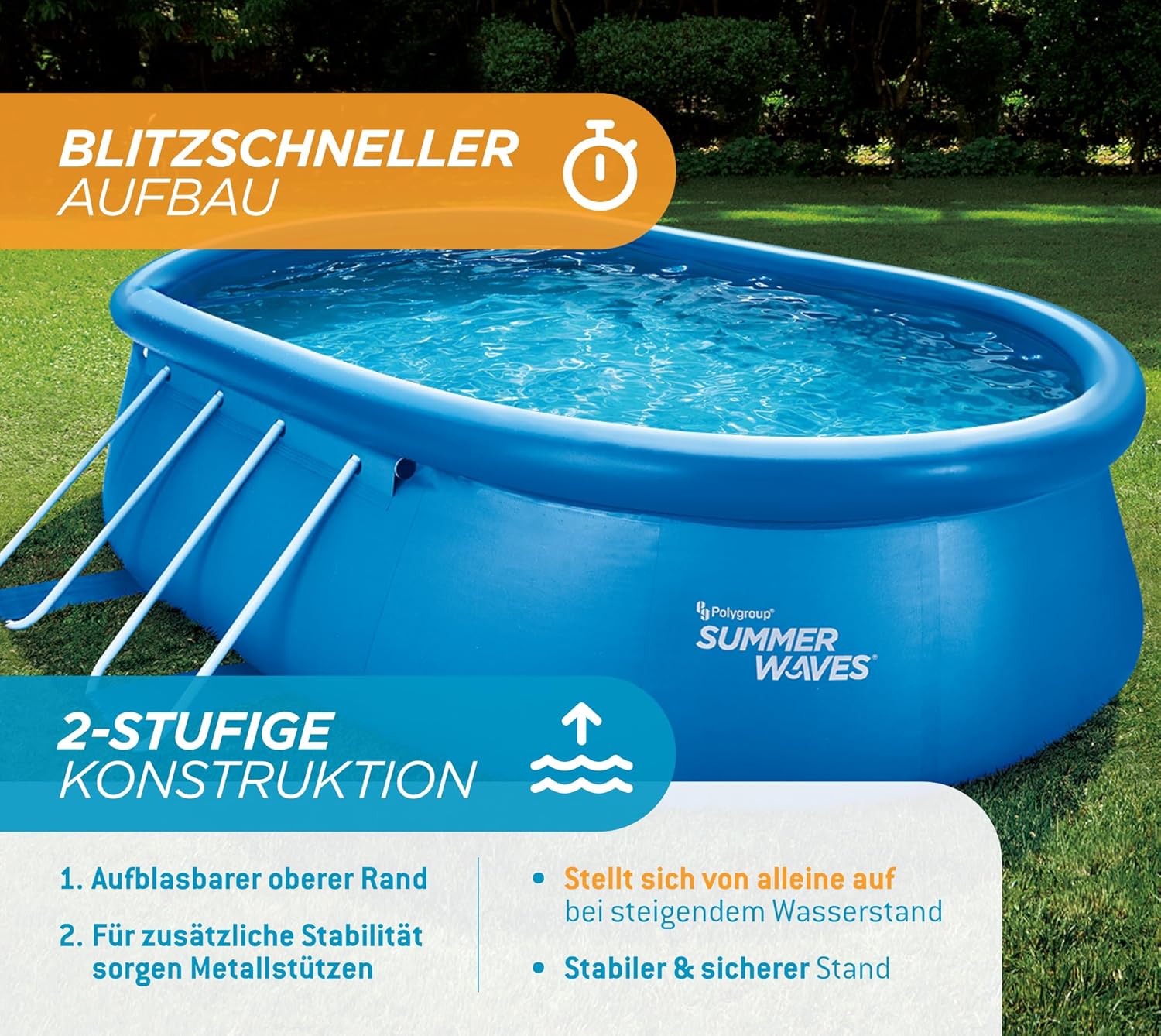 Summer Waves Quick Up Kit complet de piscine - Ovale - 457 x 305 x 107 cm - Bleu - Piscine hors-sol et piscine avec pompe à filtre, échelle, tapis de sol et bâche