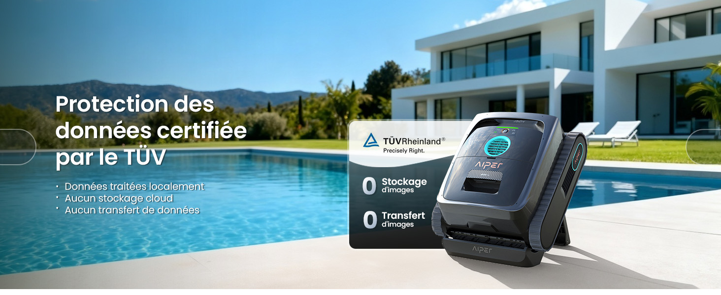 Le texte se lit comme suit : « Protection des données certifiée par le TÜV ». Maison moderne avec piscine illustrée avec une superposition d'interface de l'appareil indiquant une certification de sécurité.