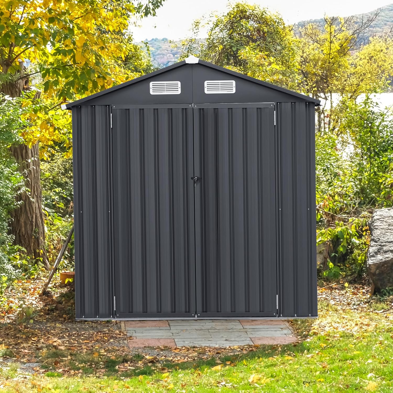 COSTWAY Abri de Jardin Métal Galvanisé 3,4 m³,Double Porte Verrouillable avec Clé, Cabane de Jardin Exterieur, Abri Rangement Exterieur pour Vélo, Poubelle, Outil