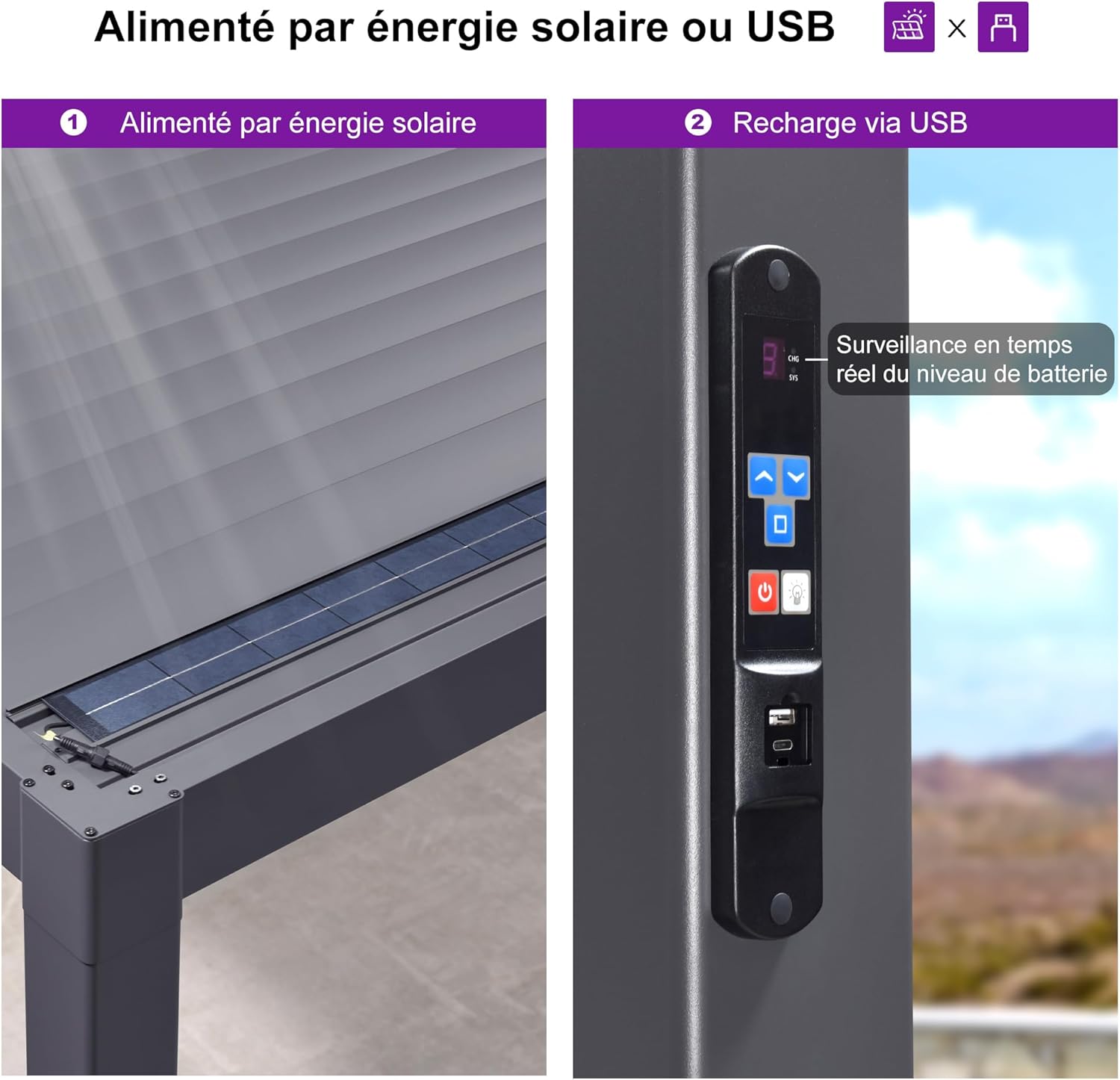PURPLE LEAF - Pergola bioclimatique - 3,5x8,5m - aluminium, lames LED, étanche
