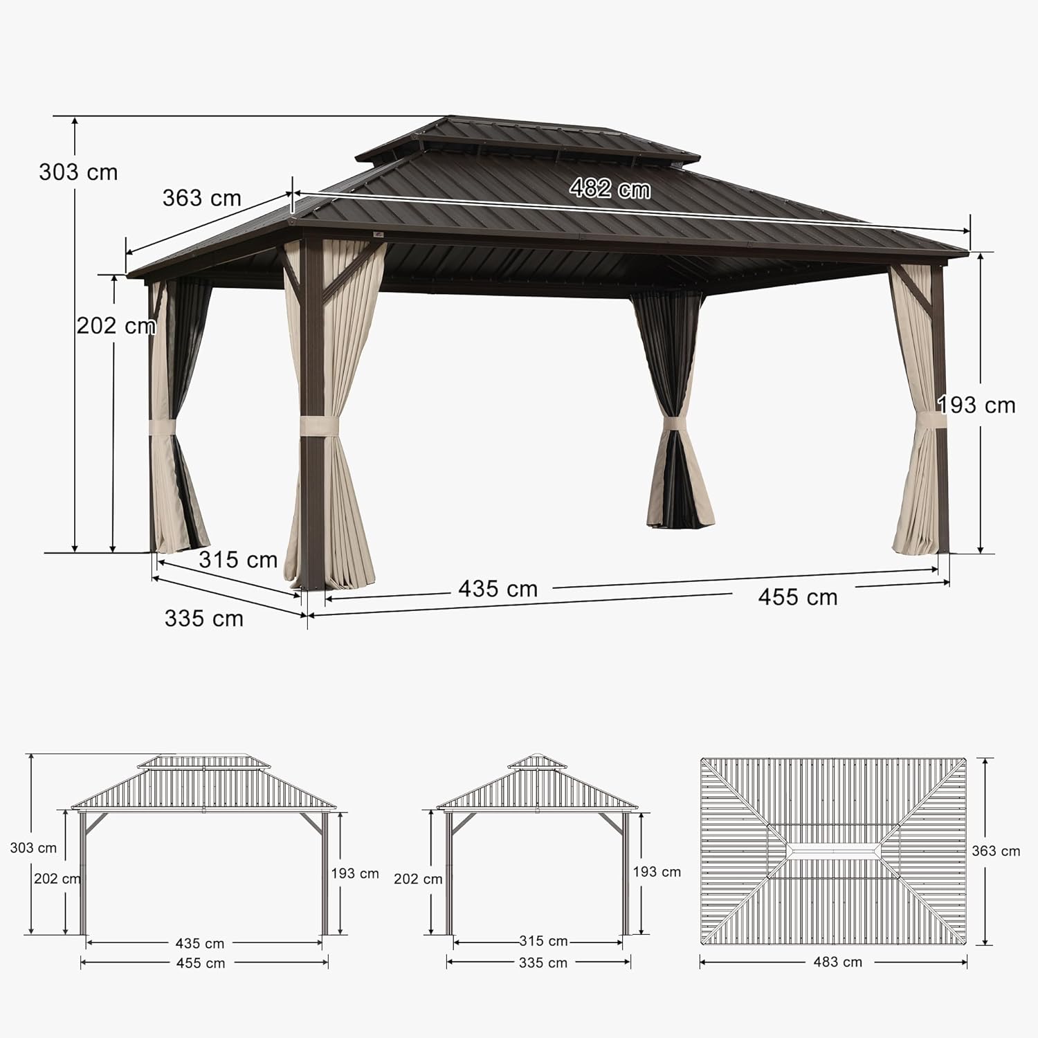 PURPLE LEAF - Pergola Toit Rigide - 4,85x3,65m - Aluminium, Rideaux, Guirlande