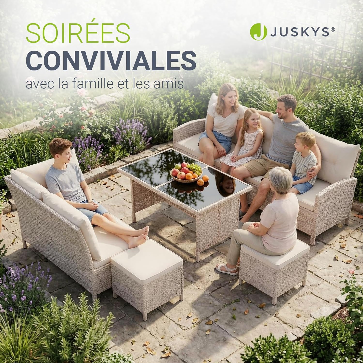 Juskys - Salon Manacor - canapé d’angle, table, 2 poufs, crème,  jardin