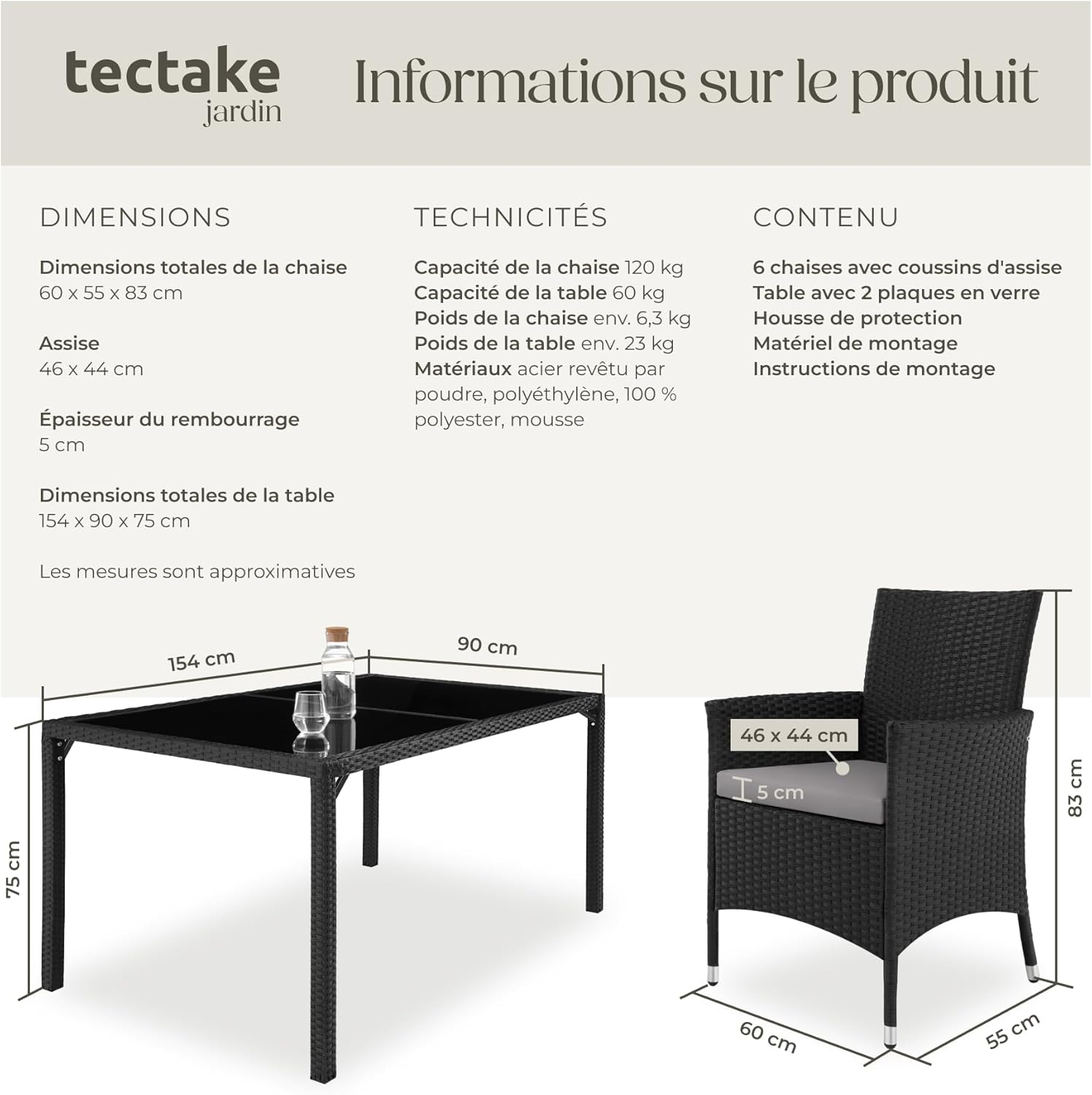tectake - salon de jardin poly rotin, table et 6 chaises, UV résistant