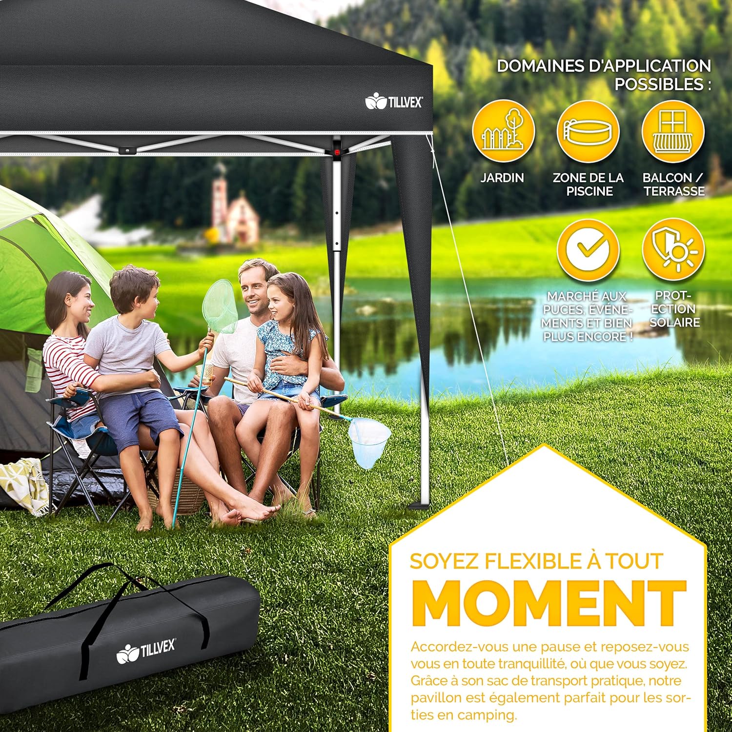 tillvex - Tente Pliante Jardin série - 3x3m - Hauteur réglable, UV50+, sac