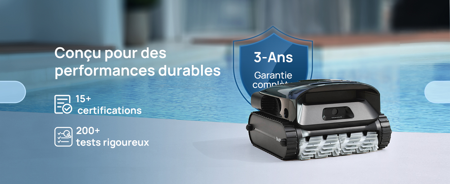 immergé dans l'eau. Le texte indique une garantie de 3 ans, plus de 15 certifications et plus de 200 tests rigoureux pour des performances durables