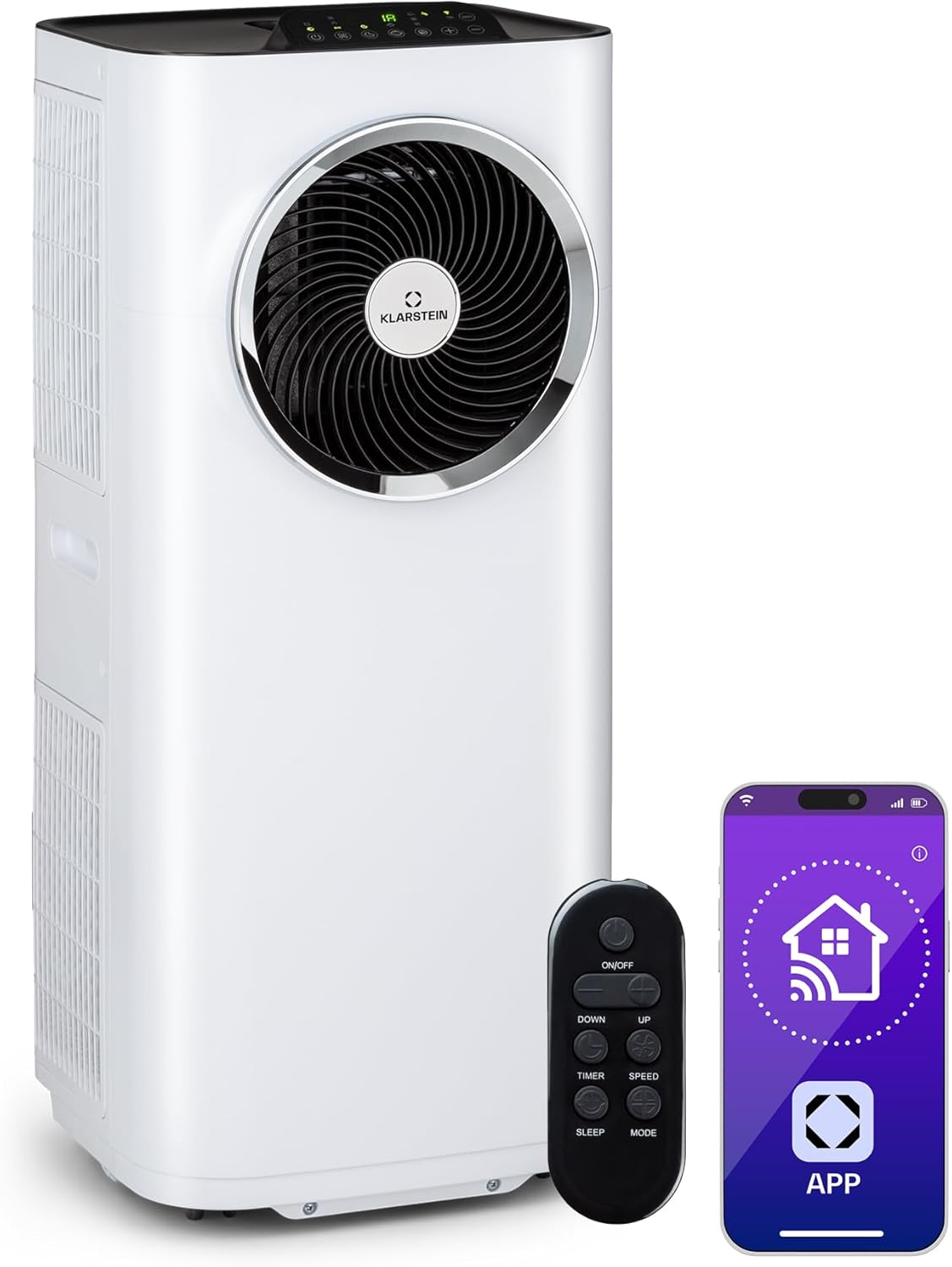 Klarstein Kraftwerk Eco Smart 11 Climatiseur Mobile - 11,500 BTU, 35-59 m², WiFi & App Control, 3-en-1 Refroidissement, Ventilateur & Déshumidificateur, Silencieux 50 dB, Classe A+, Blanc