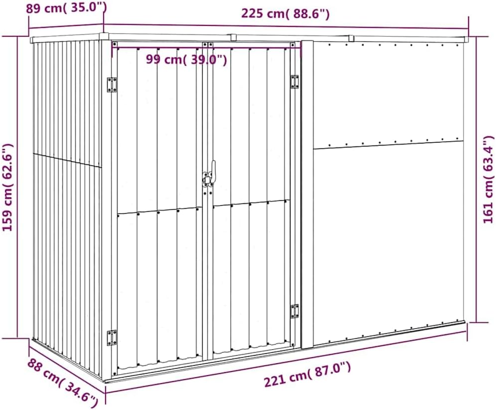 vidaXL Abri à Outils de Jardin Remise de Stockage Organisateur d'Outils Cabane de Rangement Extérieur Gris 225x89x161 cm Acier Galvanisé