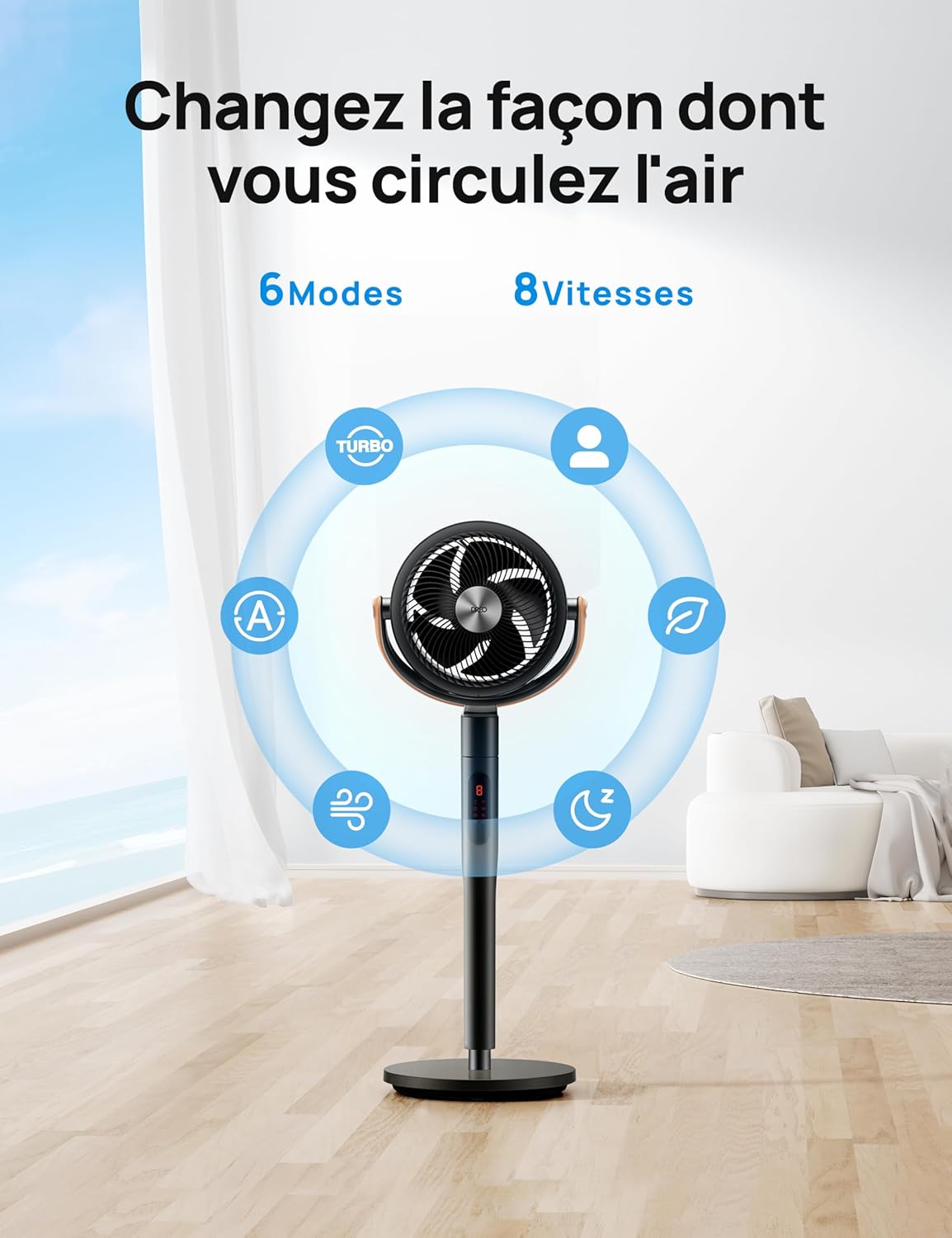 DREO - Smart Ventilateur sur Pied - Silencieux 25dB, 8 vitesses, Alexa, portée 30m