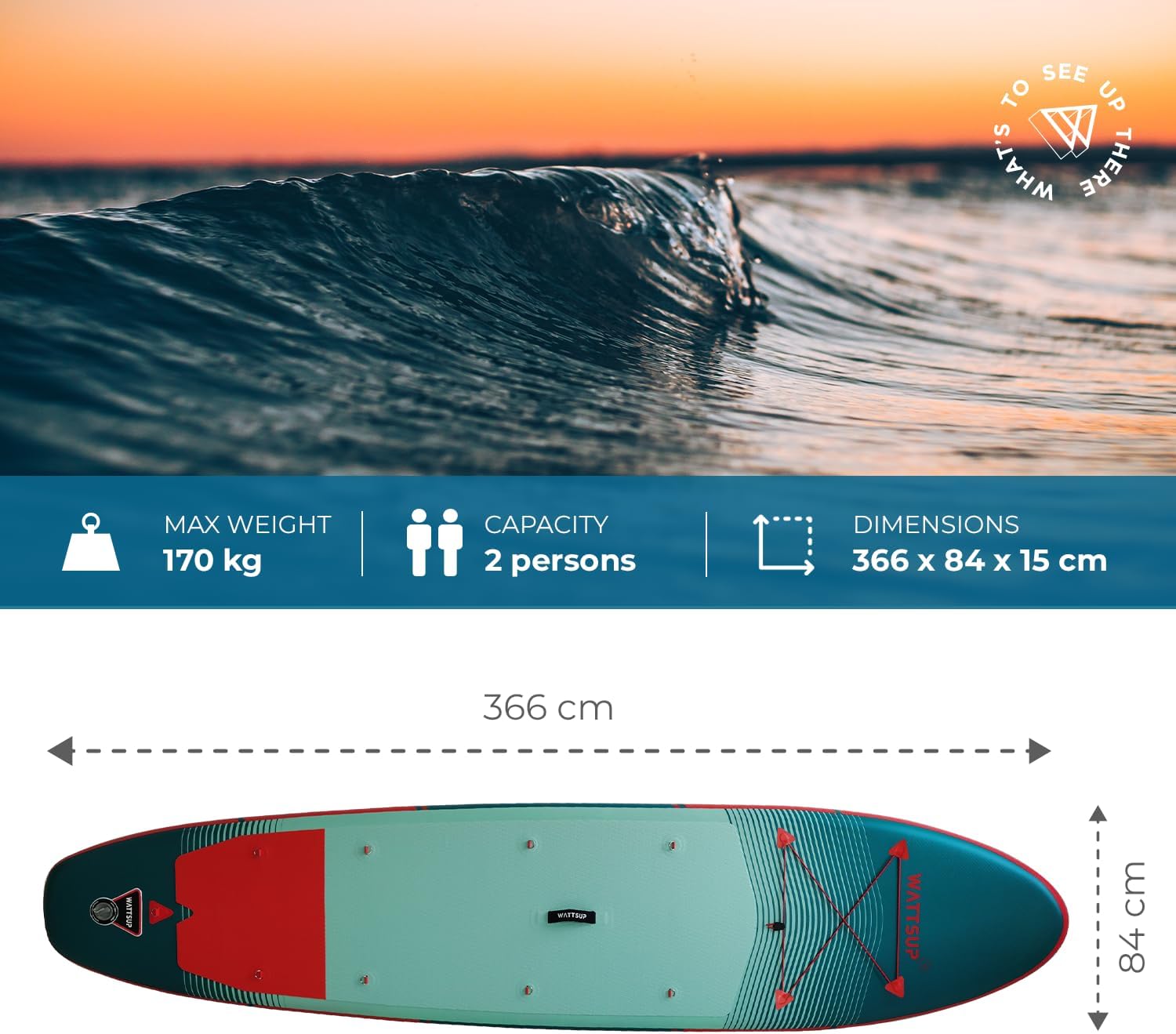 Wattsup - Sup Stand Up Paddle Gonflable - Gamme First - Dropstitch - Pack Complet : Pagaie Leash Pompe Sac de Transport