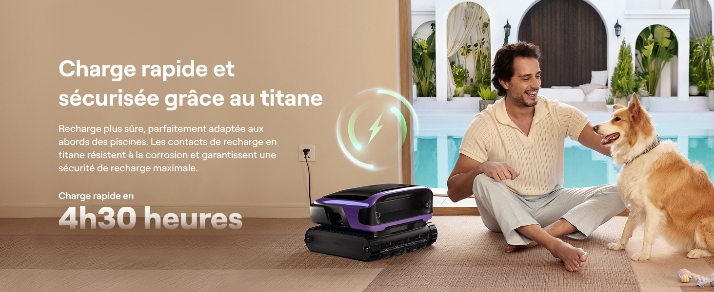 Le texte se lit comme suit : « Charge rapide et sécurisée grâce au titane » et « 4h30 heures ». Montre un aspirateur robotique et une personne se relaxant avec un chien dans un patio en arrière-plan.