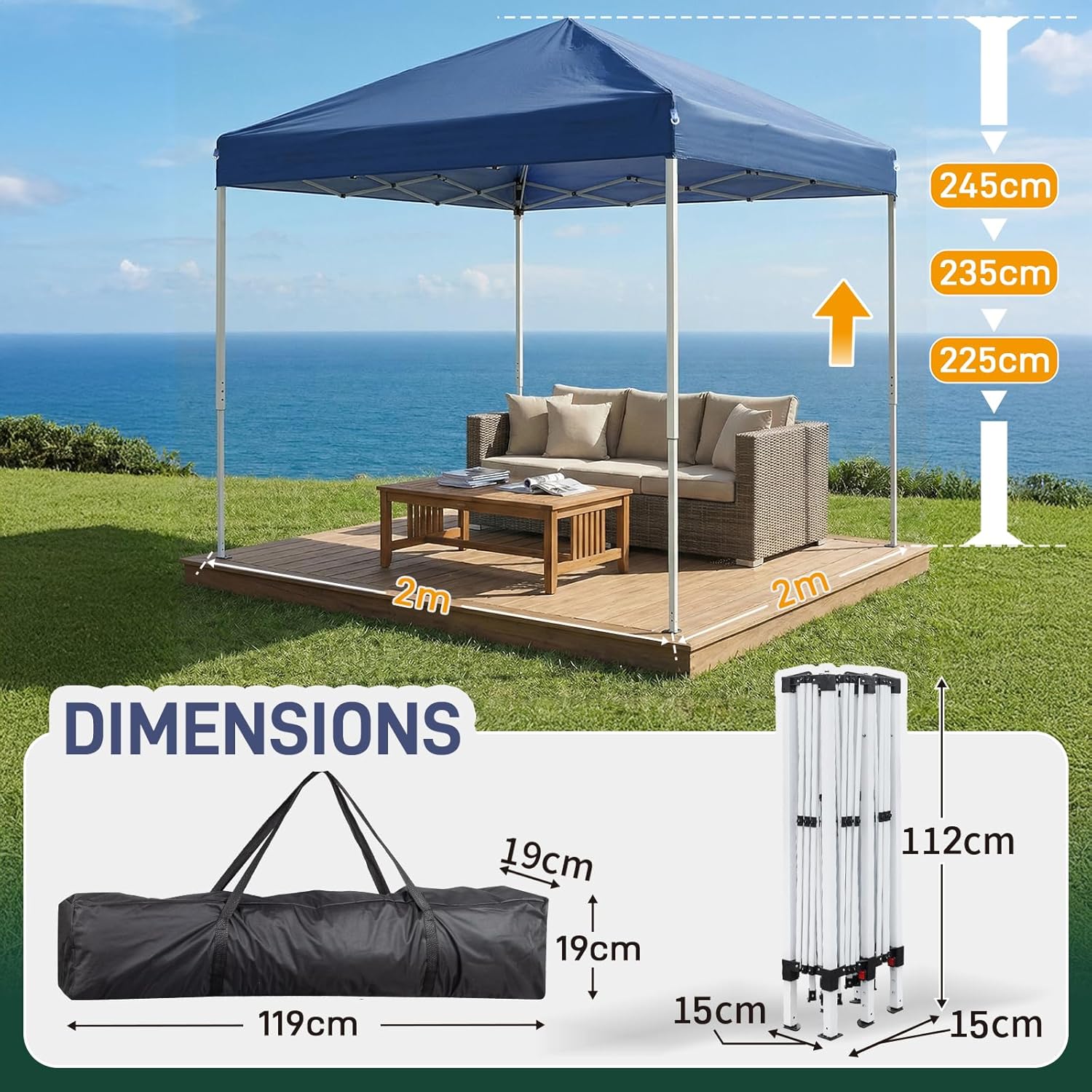 LEADZM - tonnelle pliante série standard - 2x2m - imperméable, anti-UV, moustiquaires