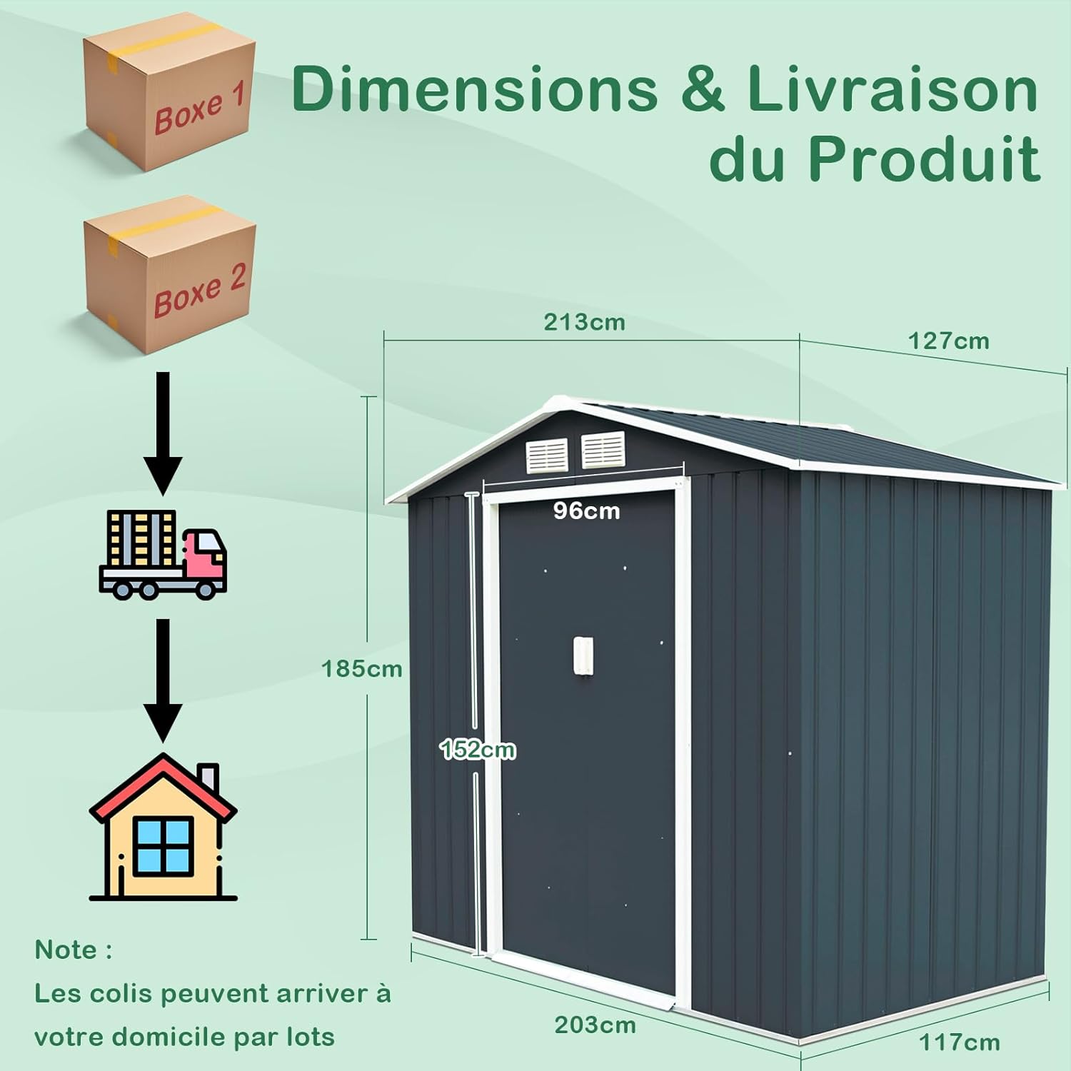GOPLUS 2,37㎡ Abri de Jardin Métal Galvanisé avec Base, Résistant aux Intempéries, Cabine de Jardin Extérieur 2 Portes Coulissantes avec 2 Fenêtres de Ventilation, 4,39m³, 213 x 127 x 185 cm, Gris