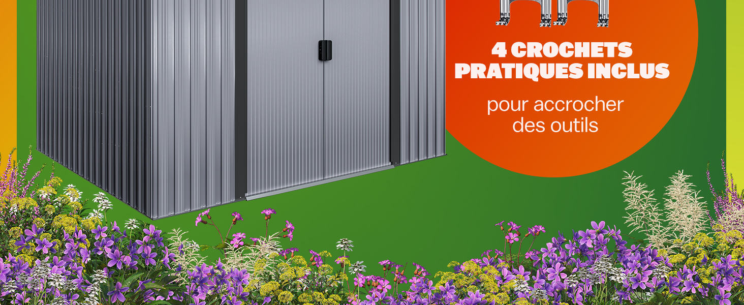 à lamelles verticales. Le texte en français mentionne « 4 crochets pratiques inclus ». Des fleurs et de la verdure sont visibles au premier plan.