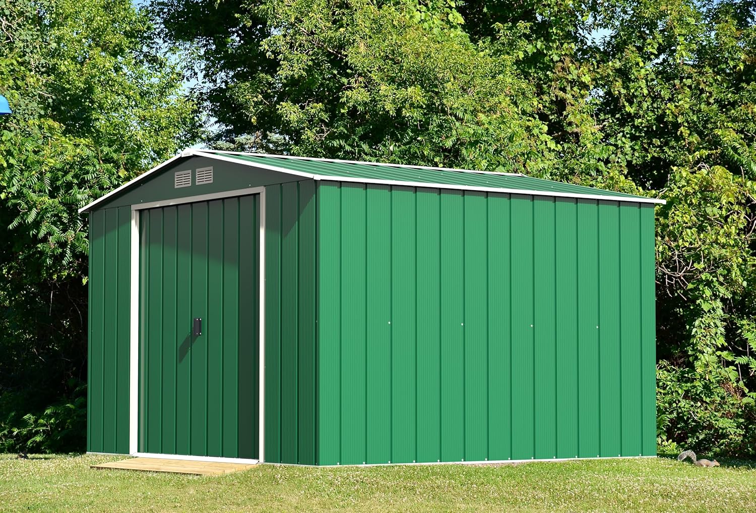 Duramax ECO 10 x 10 (9.16 m²) Abri de Jardin en Métal Galvanisé à Chaud, Structure de Toit Renforcée, Sans Entretien, Vert