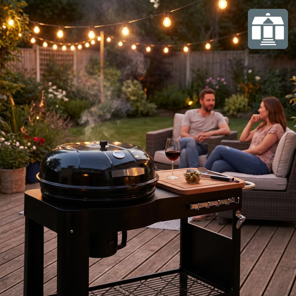 Tarrington House - Barbecue Calgary - acier/bois - couvercle thermomètre, tablettes, 2 roues, noir