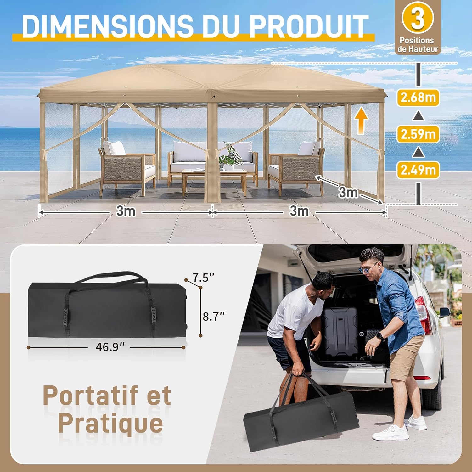 LEADZM - tonnelle pliable 3x6m - imperméable, anti-UV, hauteur réglable, moustiquaires