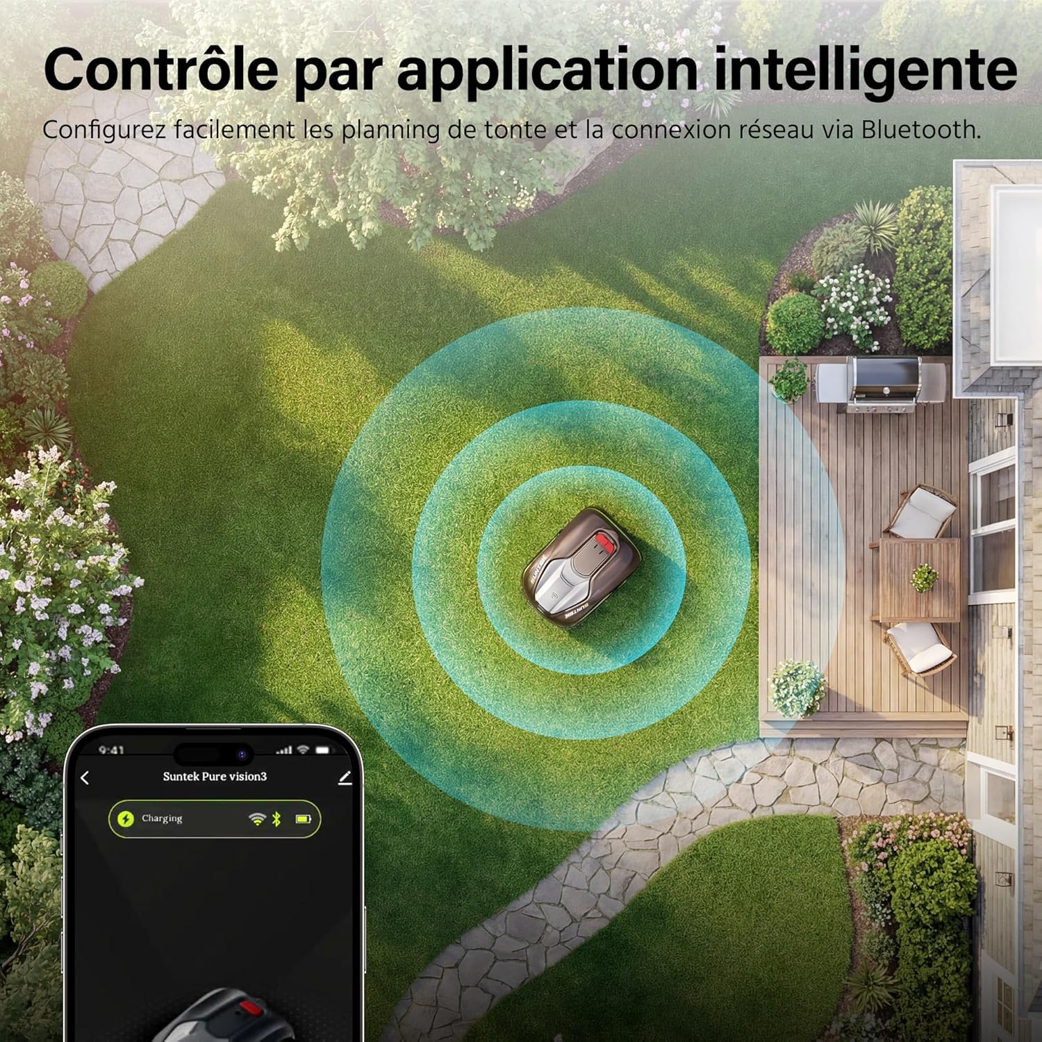 Suntek - Robot Tondeuse IA Caméra, 500m², pente 35°, IPX5, contrôle APP