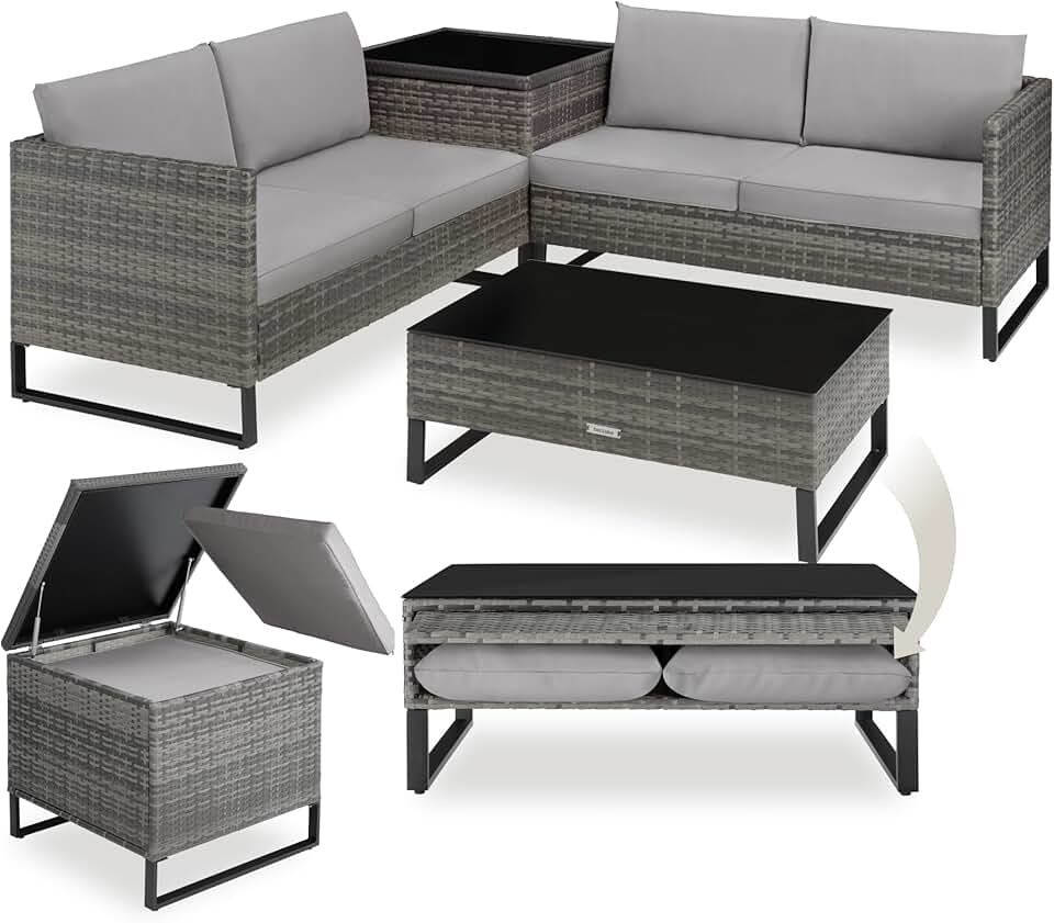 tectake - Salon de jardin modulable 4 places, table verre, coffre, coussins